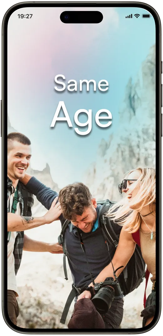 Same Age app preview inside a phone mockup